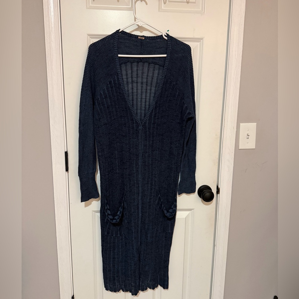 Free People Navy Ribbed Knit Midi Sweater Dress Sheer Back Boho
